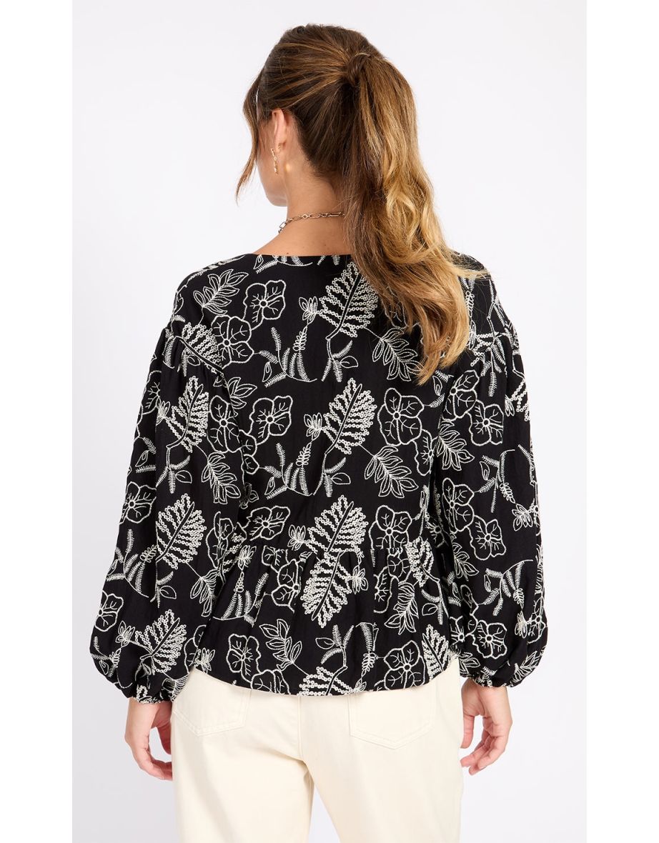 Black Embroidered Cotton Blouse - 3