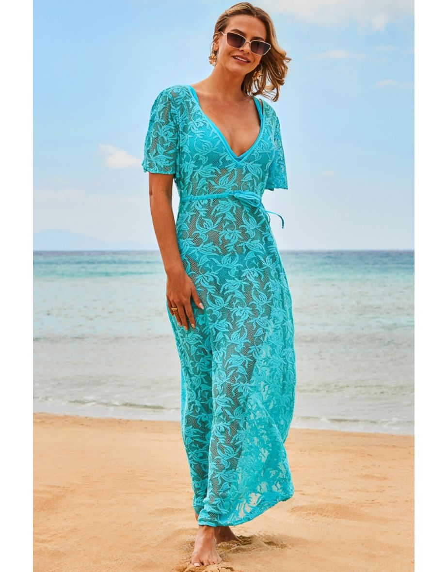Turquoise Lace Maxi Beach Dress - 4