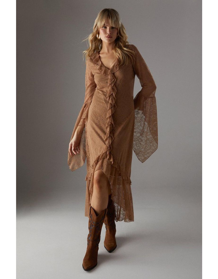 Lace Button Through Ruffle Maxi Dress