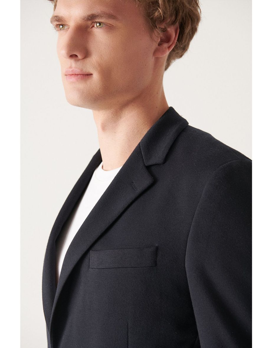 Men's Navy Blue Knitted Flexible Unlined Slim Fit Slim Fit blazer - 4