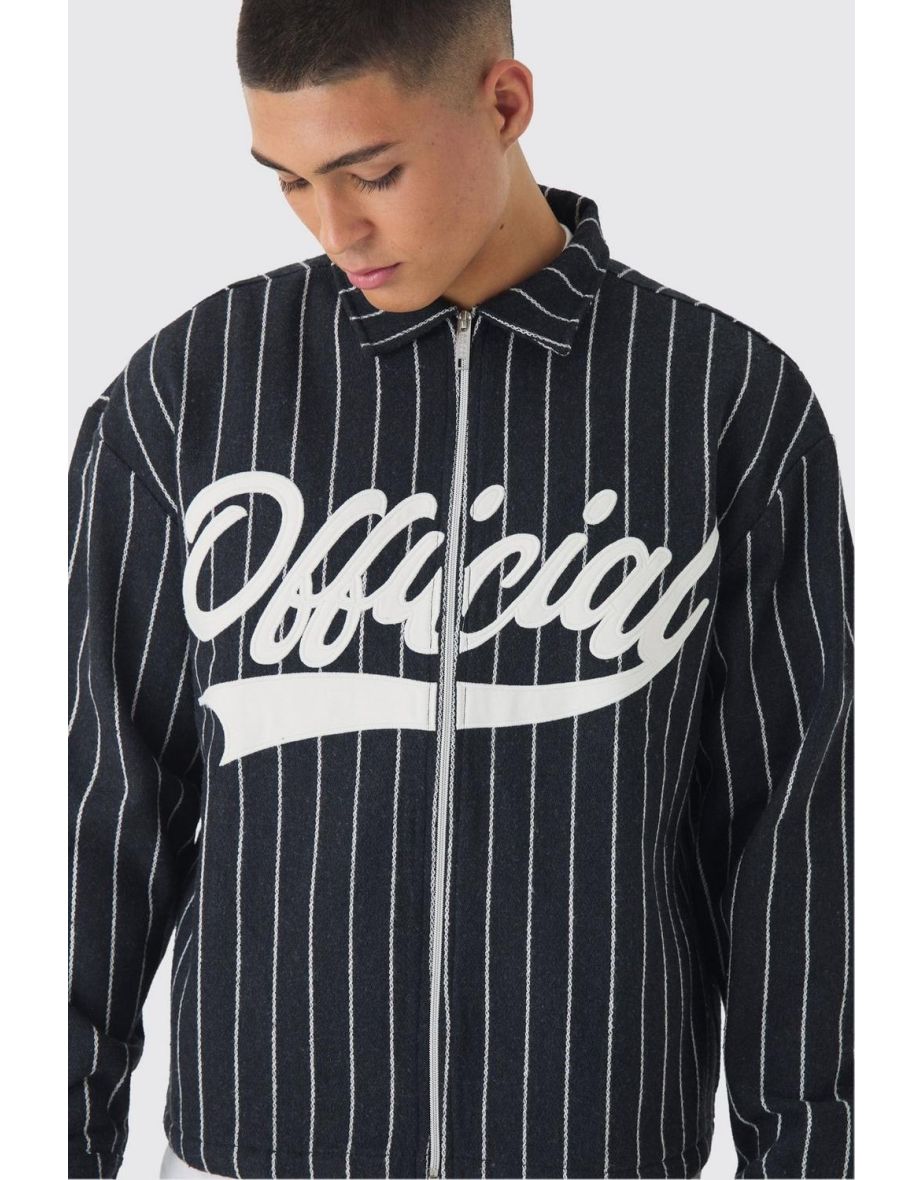 Oversized Pinstripe Applique Collared Overshirt - black - 2