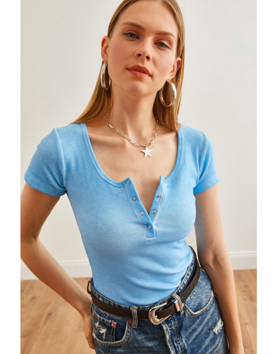 Women's Washed Baby Blue Snap-On Camisole Blouse