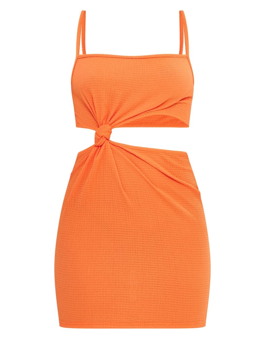 Orange Textured Knot Detail Cut Out Bodycon Dress - 4