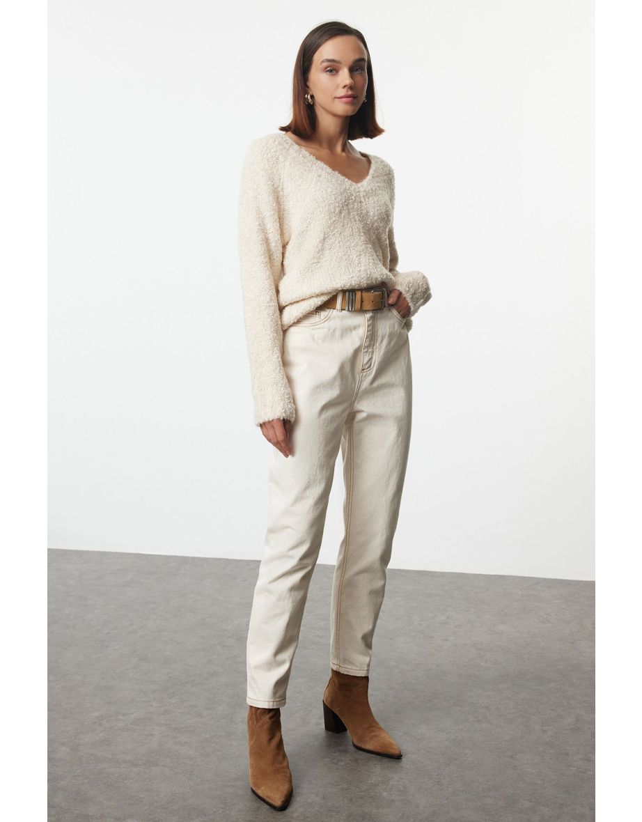 Stone Wide Pattern Deep V Neck Knitwear Sweater