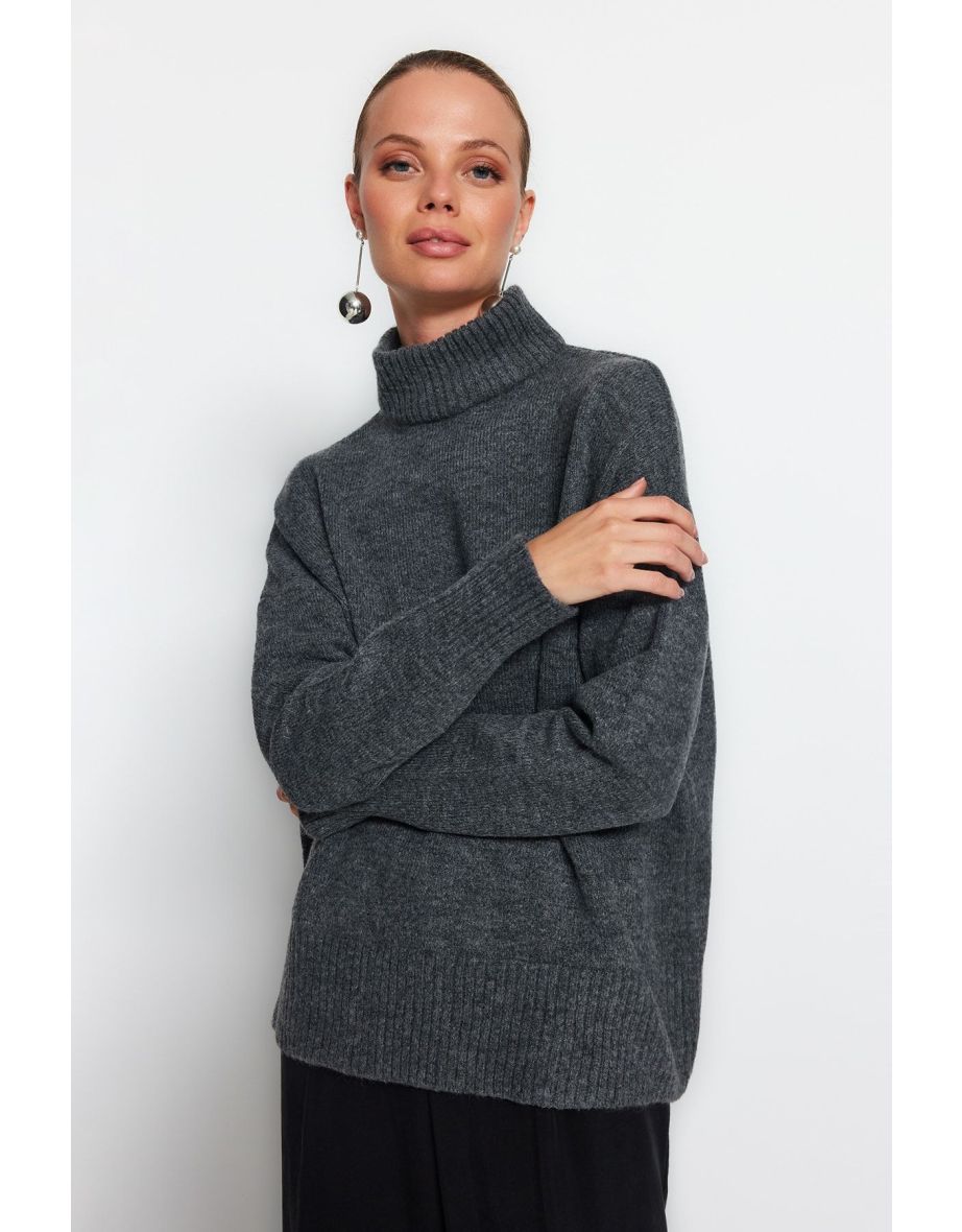 Anthracite Wide Fit, Soft Textured Stand-Up Collar Knitwear Sweater