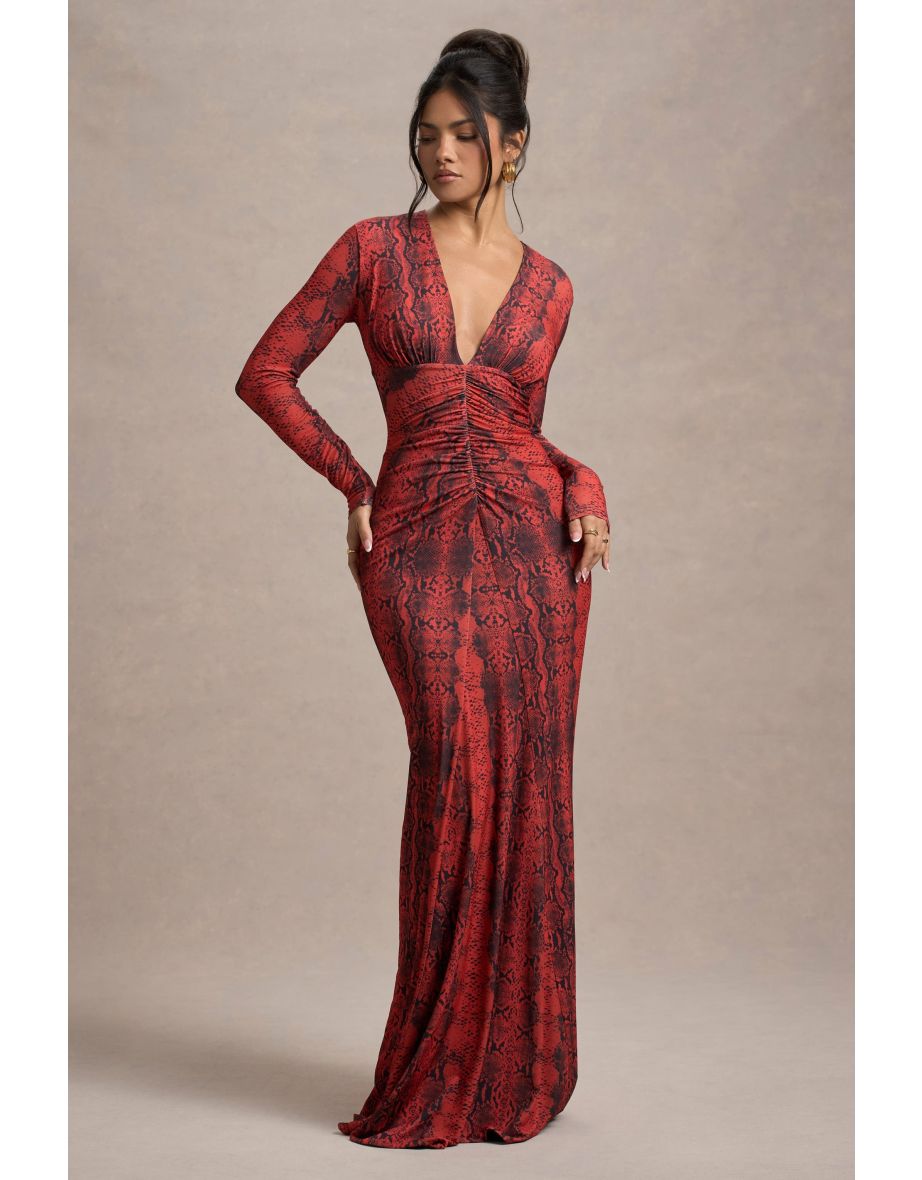 Mamba | Red Snake Print Plunge-Neck Long-Sleeve Maxi Dress - 6