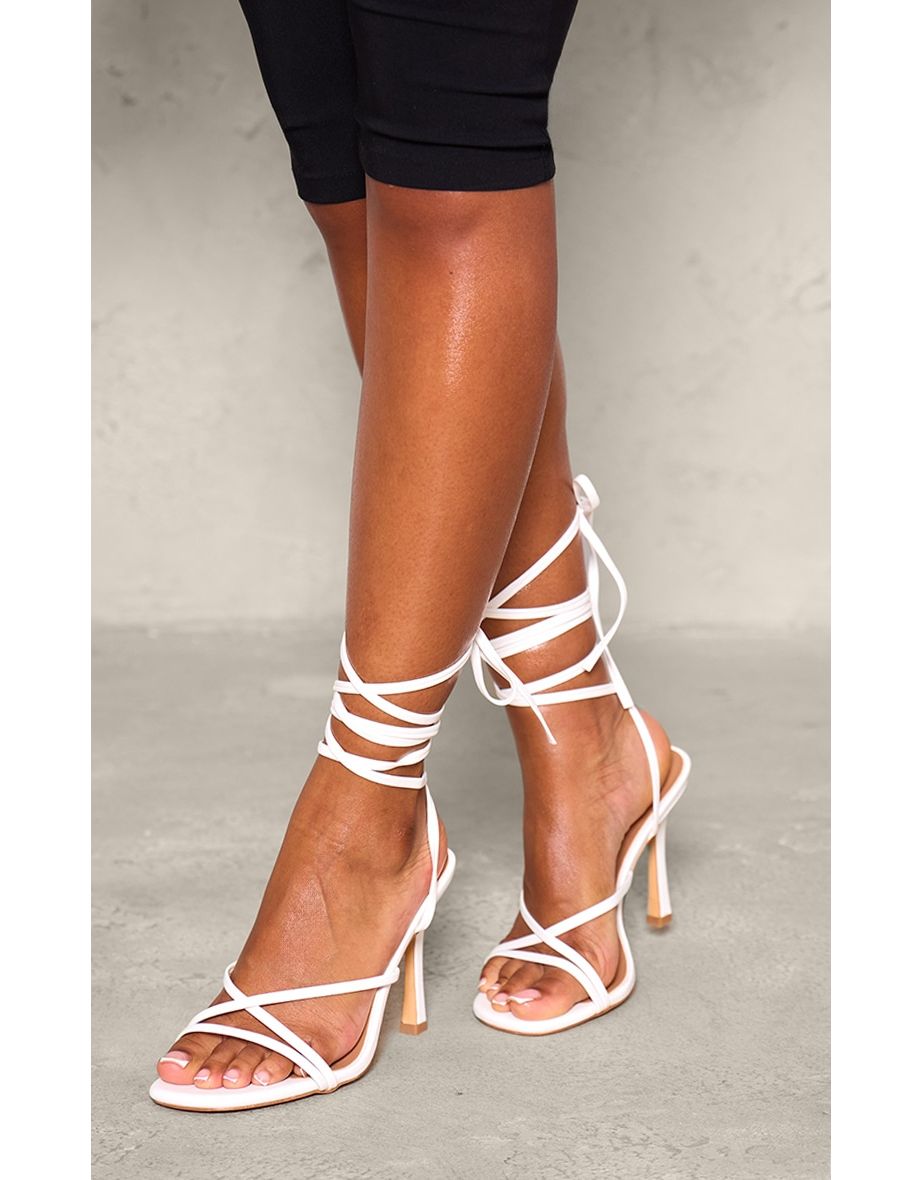 White Wide Fit PU Square Toe Strappy Lace Up Heeled Sandals