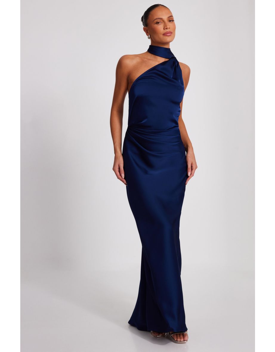 Blue Halter Neck Column Floor-Length Dress