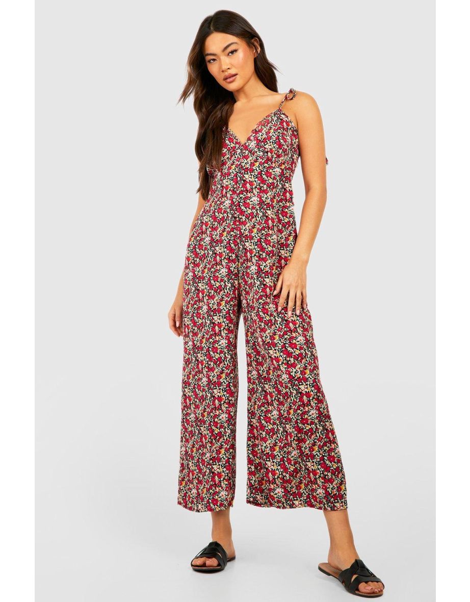 Floral Tie Strap Wide Leg Jumpsuit - red