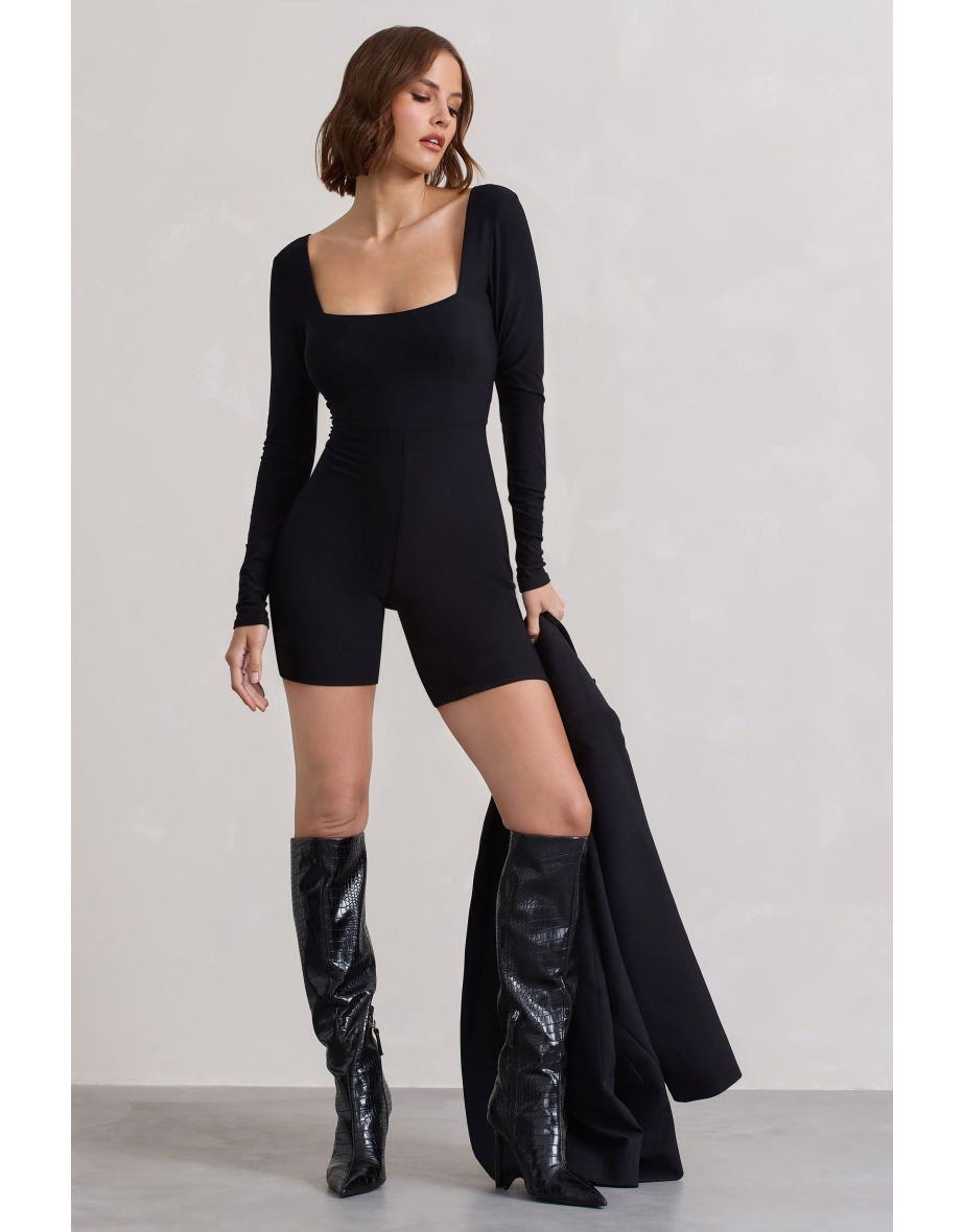Kayleigh | Black Square-Neck Long-Sleeve Playsuit