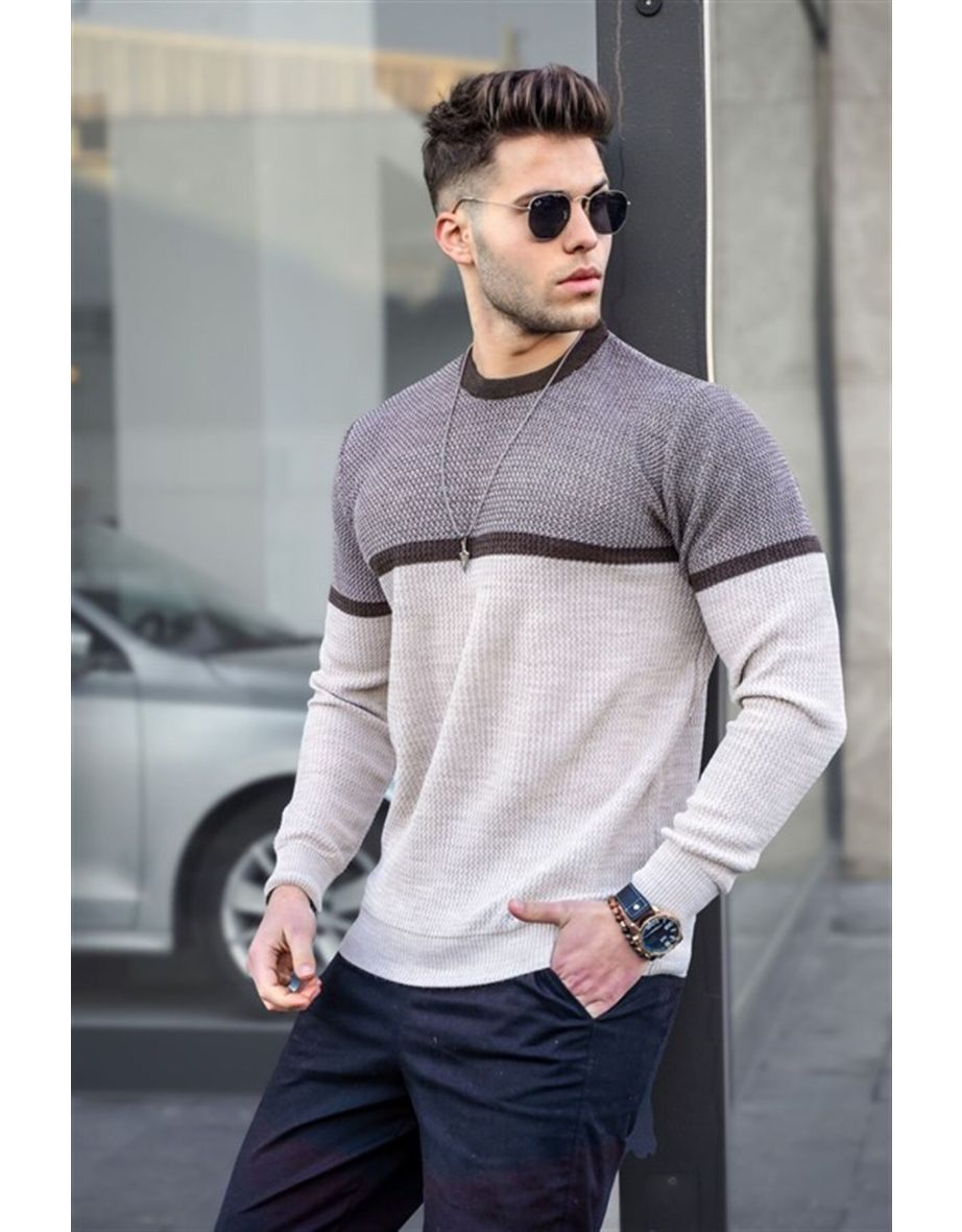 Men's Beige Color Block Sweater