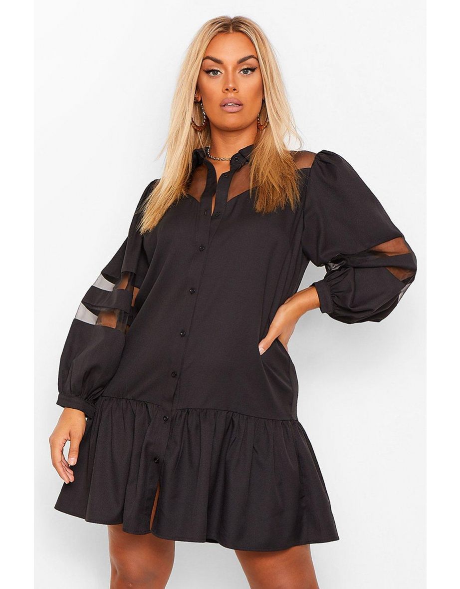 Plus Organza Contrast Shirt Dress - black