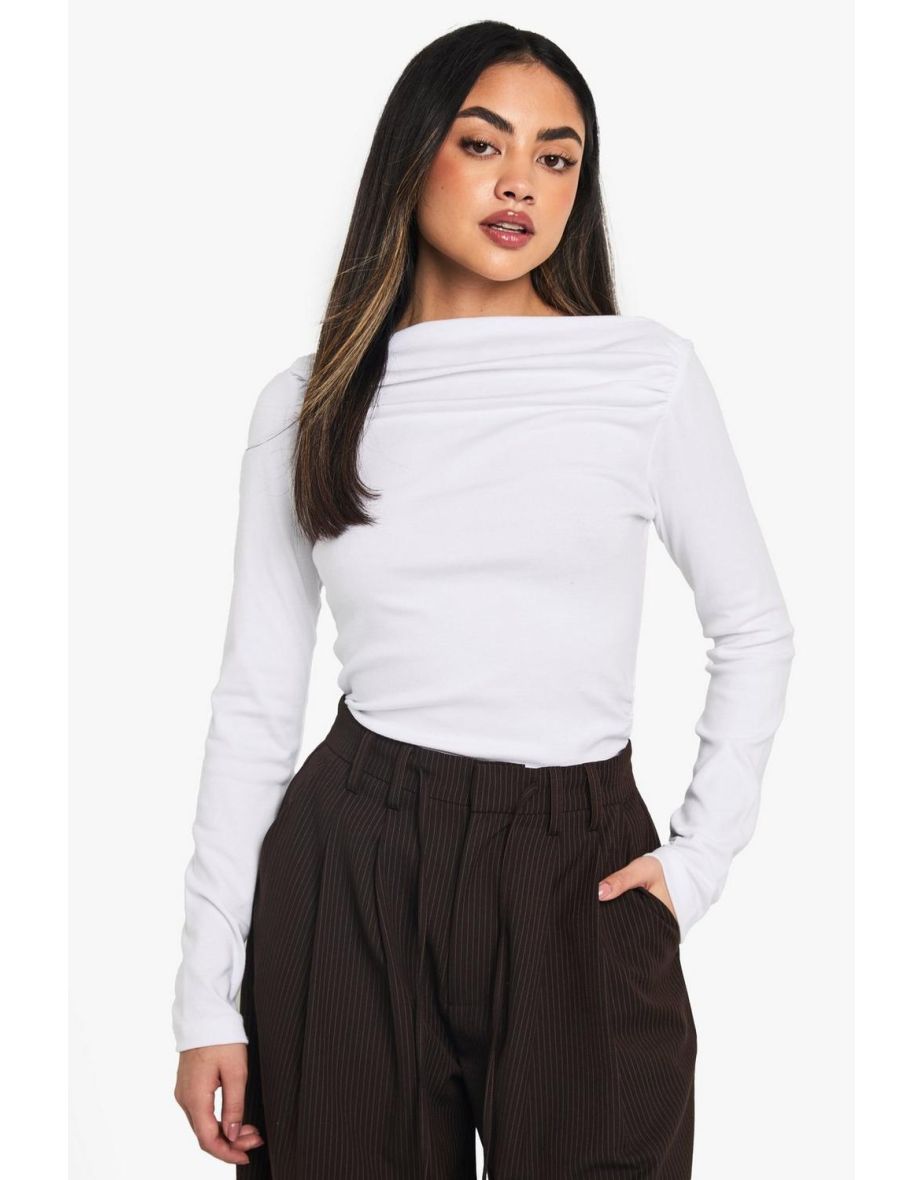 PEACHED MODAL ASYM RUCHED NECK LONG SLEEVE TOP