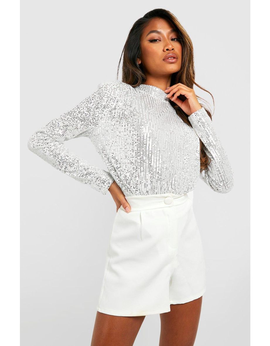 High Neck Sequin Bodysuit - silver