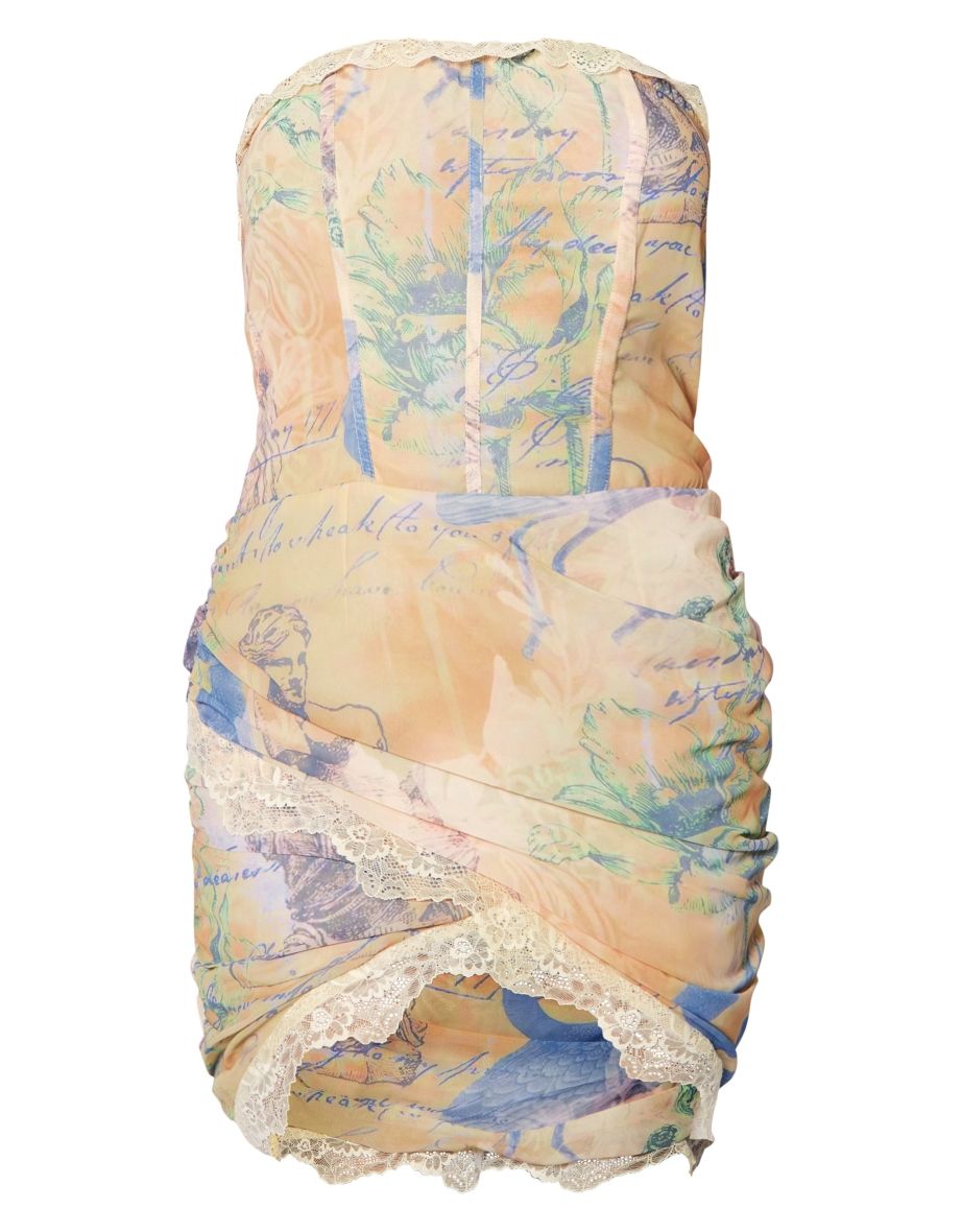 Stone Renaissance Print Lace Trim Corset Bodycon Dress - 4