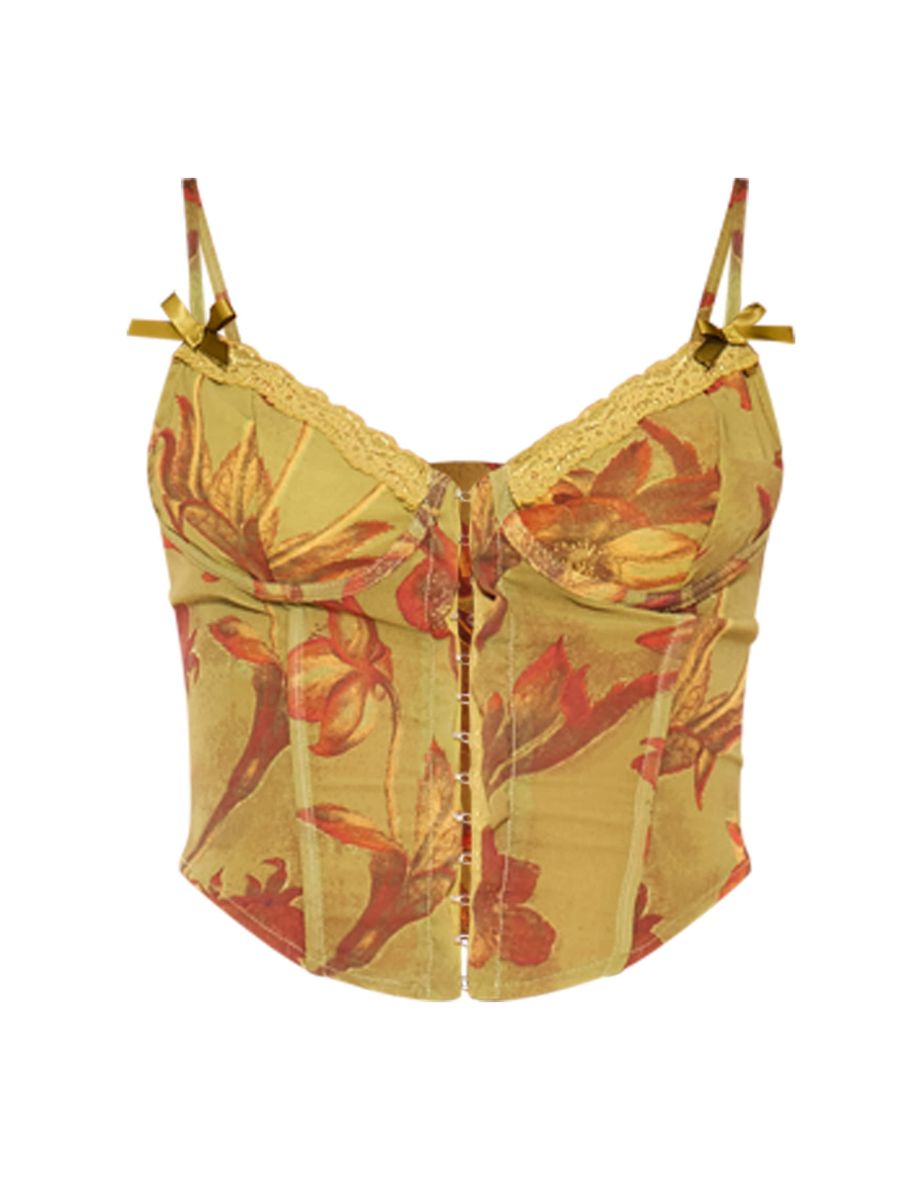 Green Floral Print Sheer Chiffon Bow Detail Corset - 4