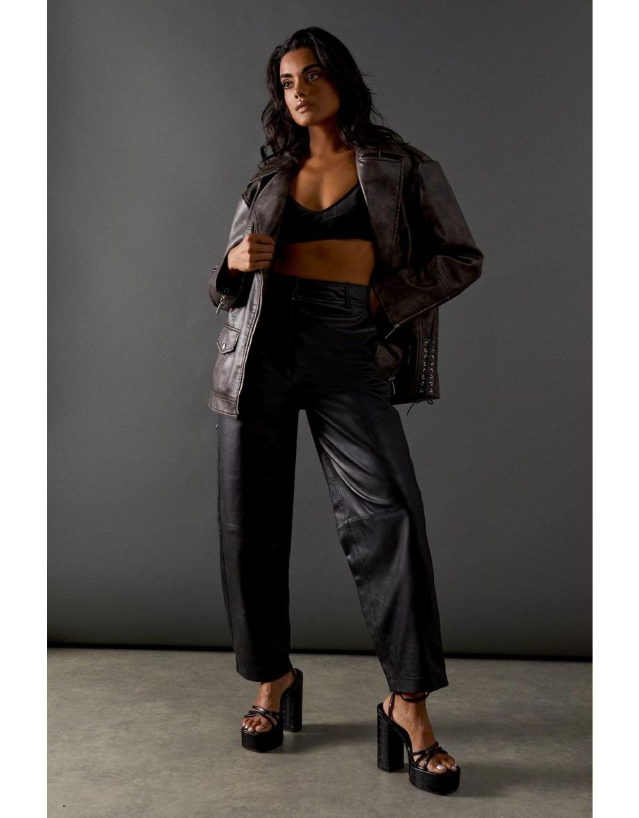 Oversized Whipstitch Detail Leather Jacket