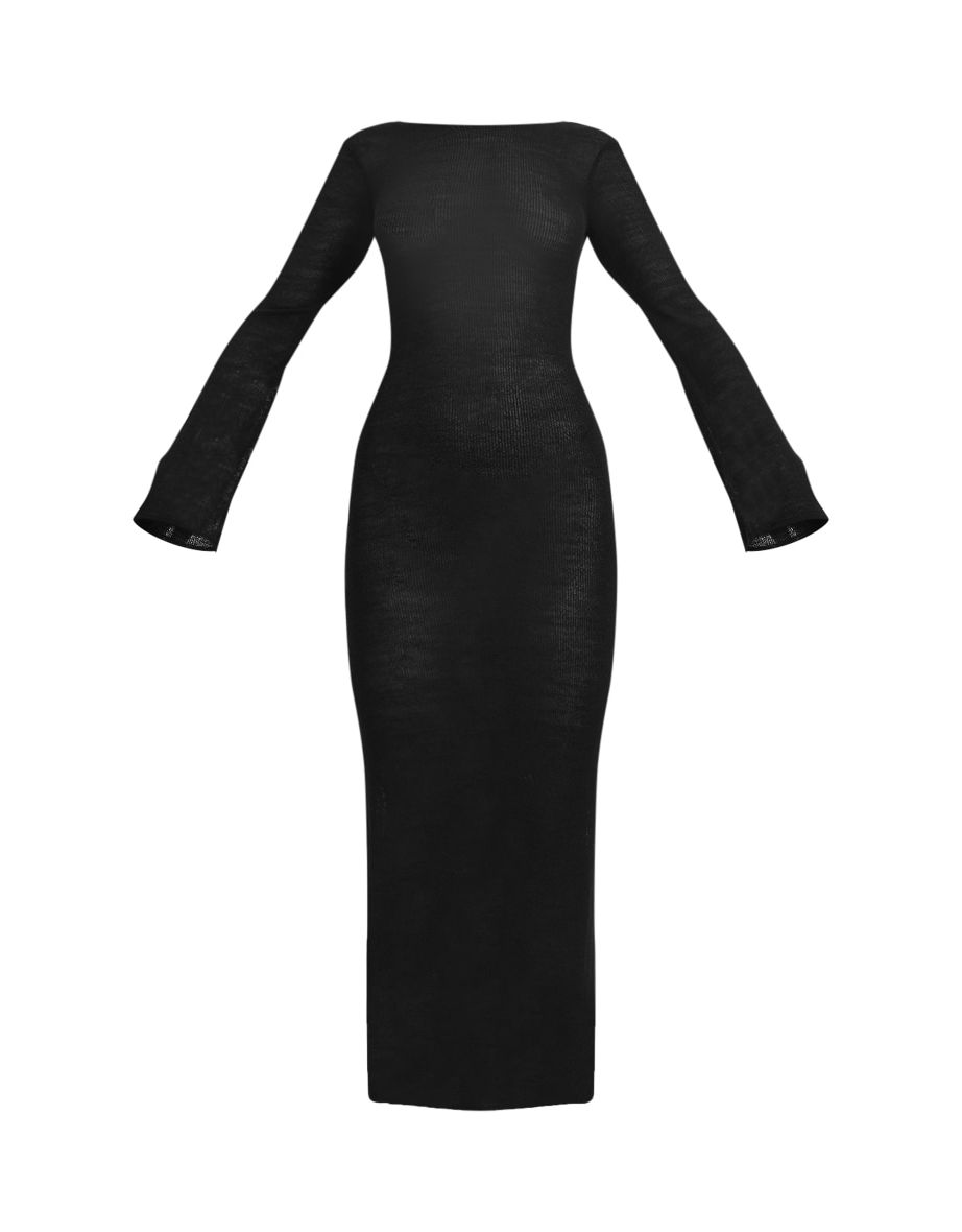 Black Scoop Back Filagree Knit Maxi Dress - 4