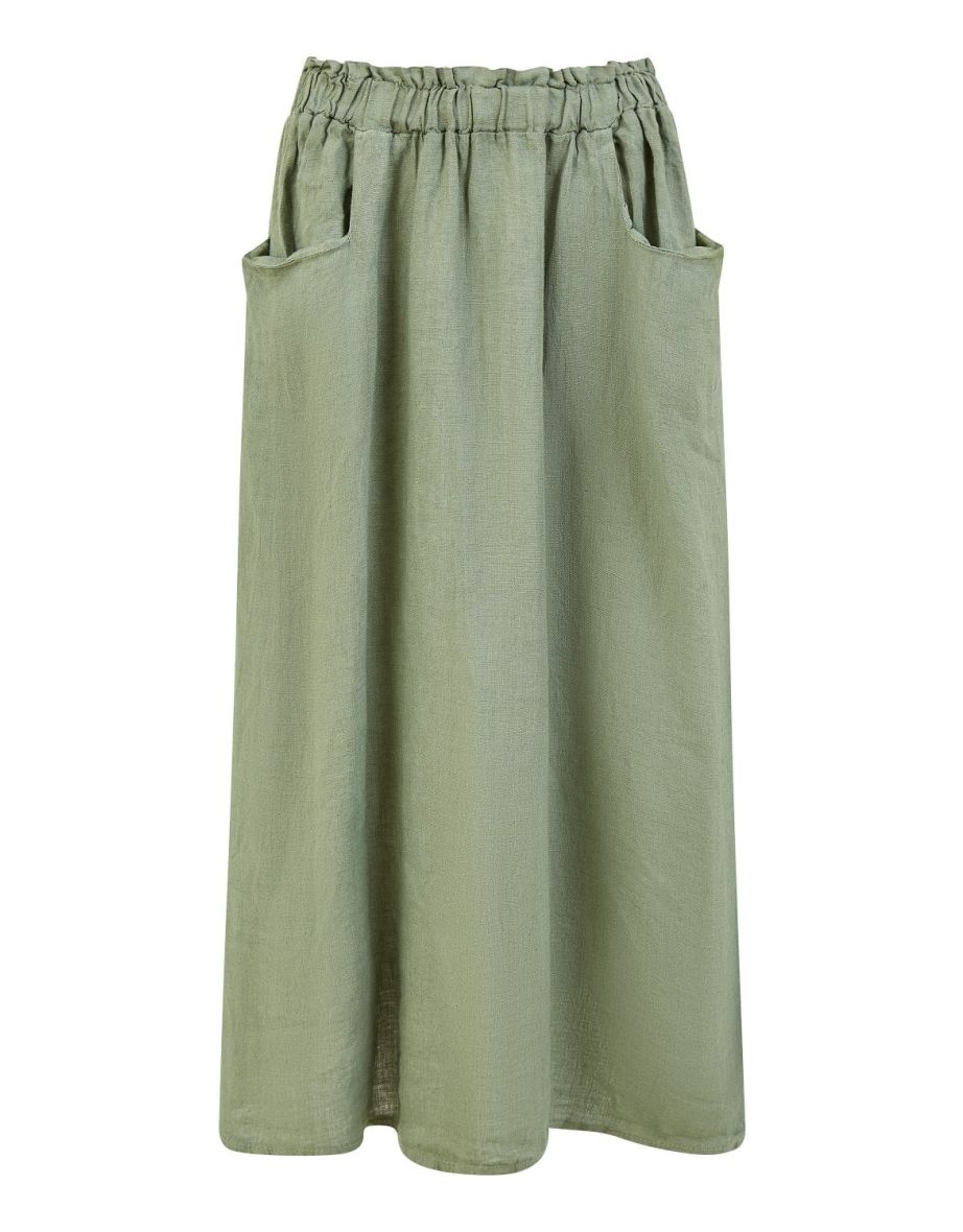 Yumi Khaki Italian Linen Midaxi Skirt With Pockets - 4