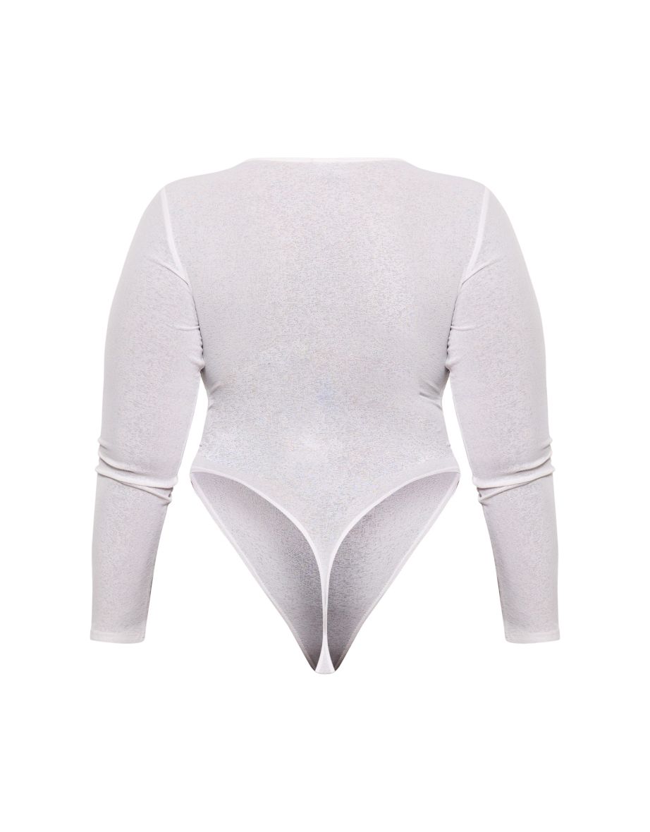 Plus White Burn Out Mesh Long Sleeve Crew Neck Bodysuit - 5