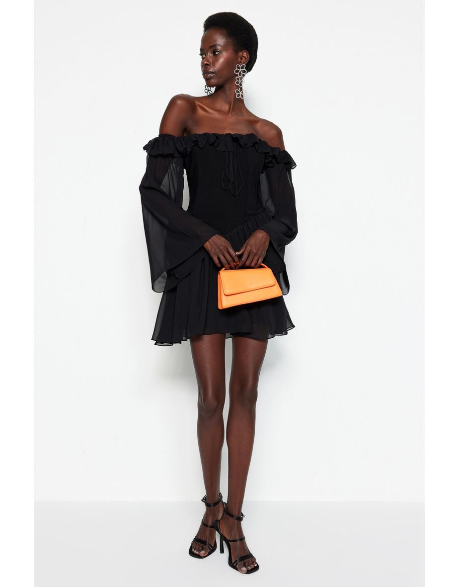 Off-Shoulder Column Mini Dress with Long Sleeves