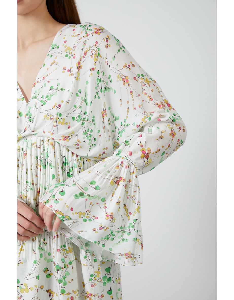 Ecru V-Neck Long Sleeve Dress with Floral Pattern - 3
