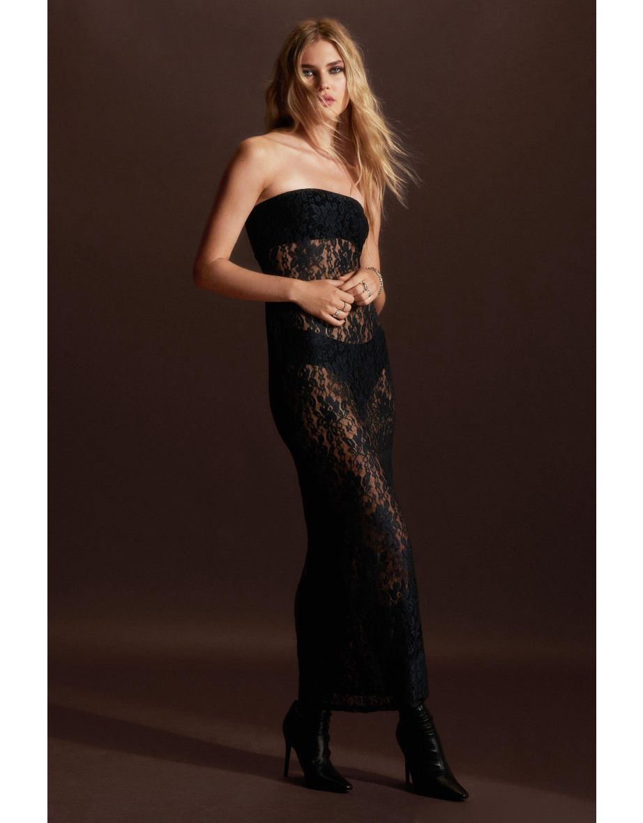 Black Sheer Lace Maxi Dress, Dresses