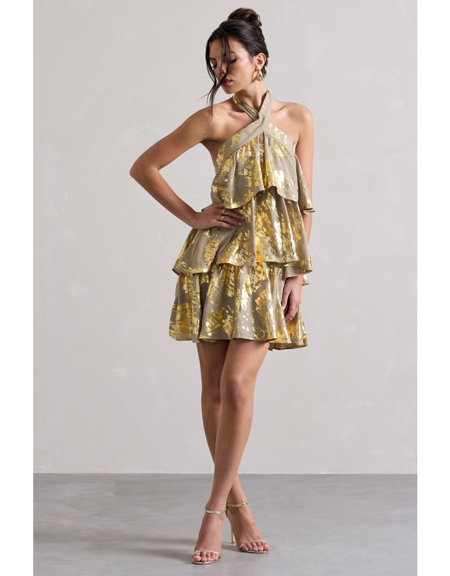Alecia | Metallic Gold Halter-Neck Ruffle Mini Dress