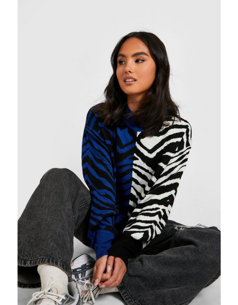 Colour Block Zebra Print Jumper - cobalt - 3