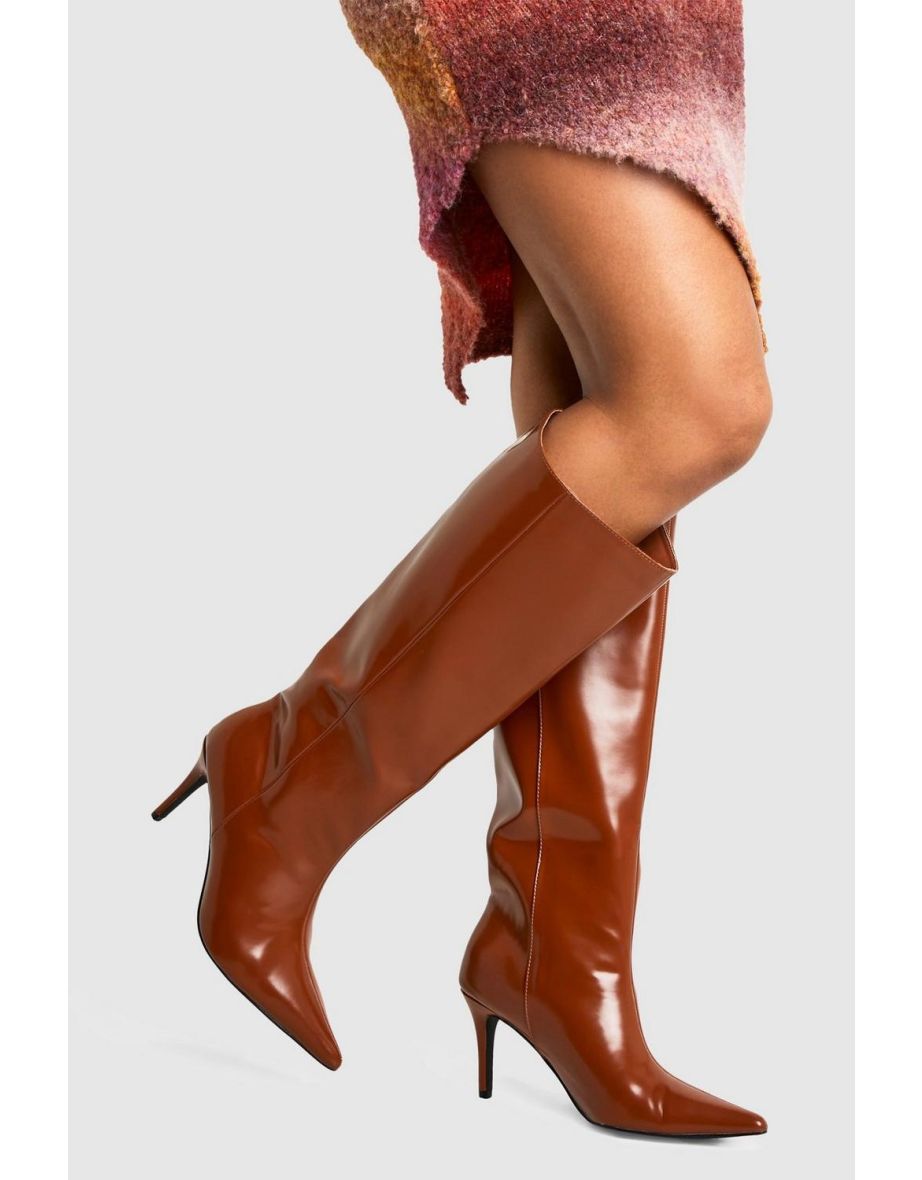 Premium Leather Look Pointed Knee High Boots - tan