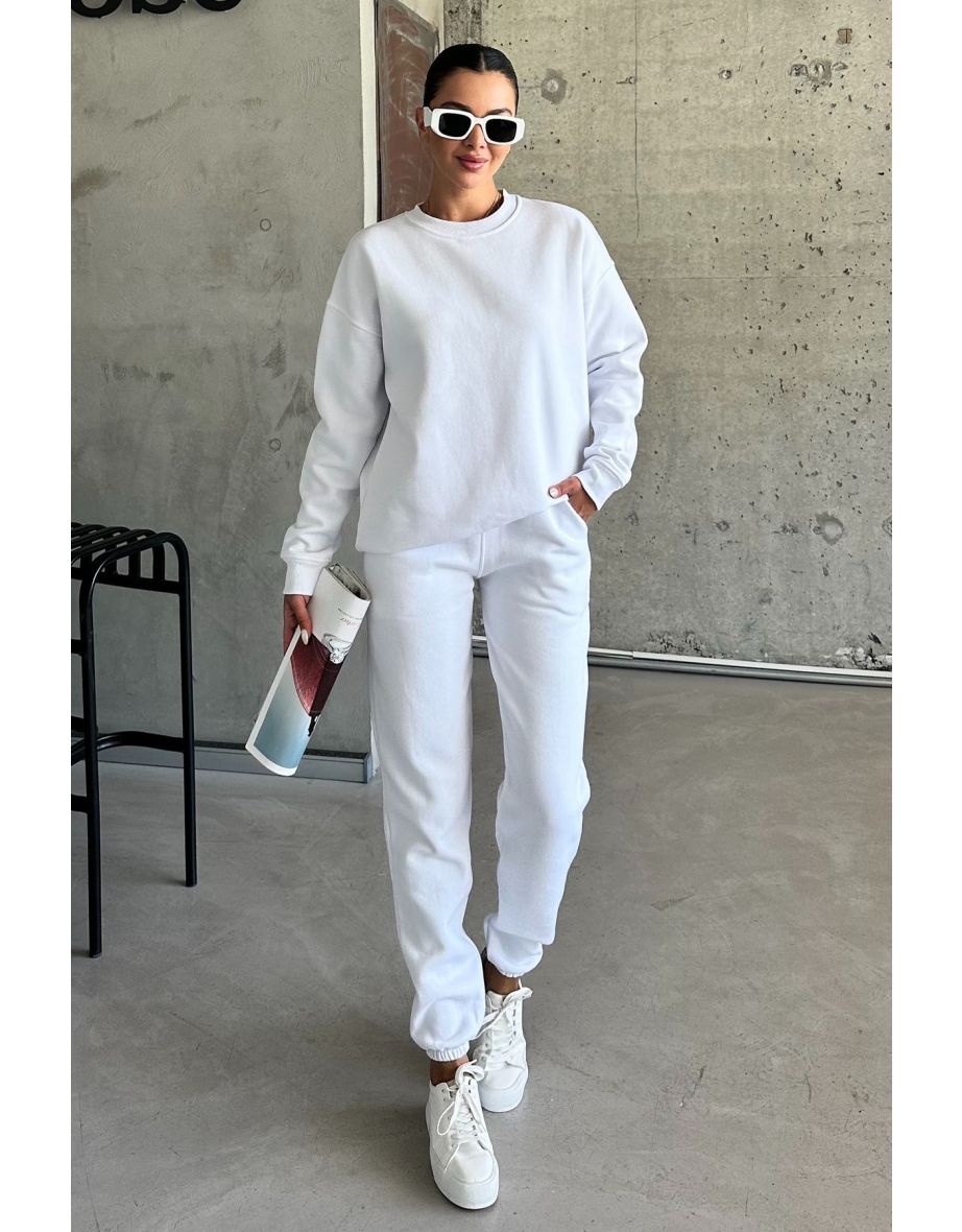 White Crew Neck Plain Oversize Bottom-Top Tracksuit Set