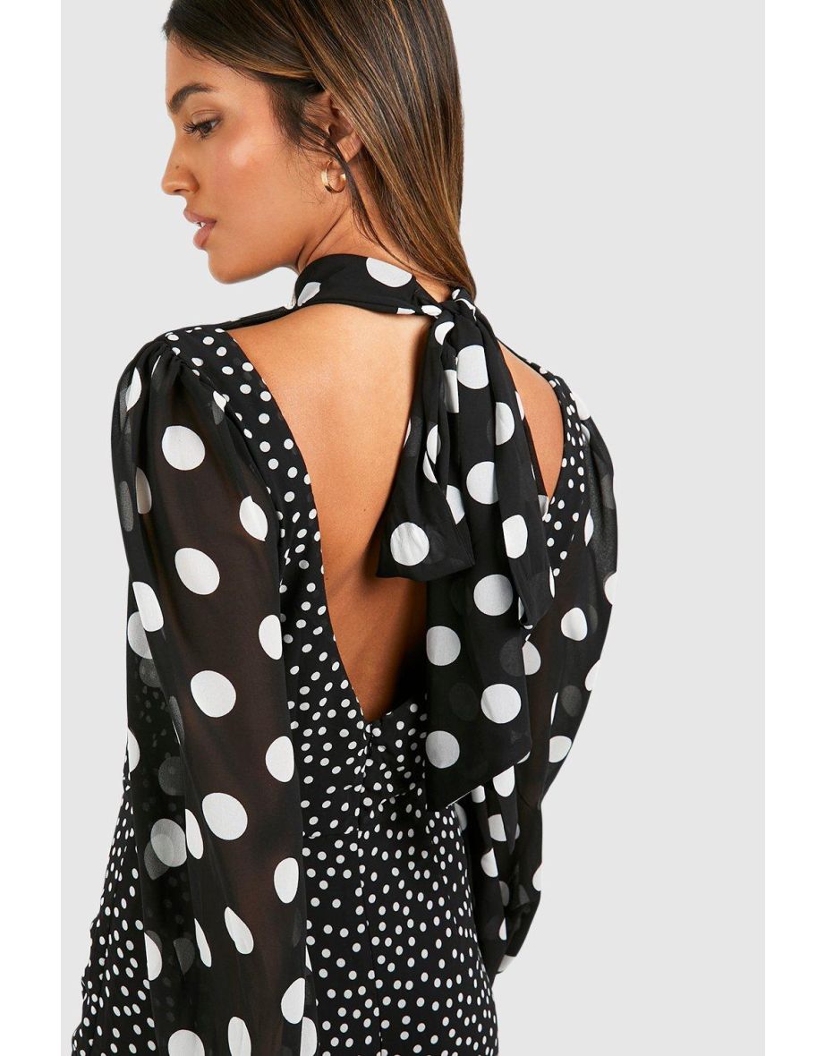 Polka Dot Puff Sleeve Jumpsuit - black - 2