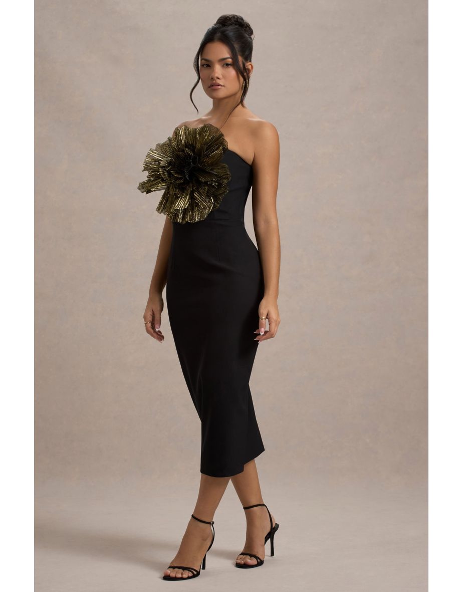 Moya | Black & Gold Bodycon Midaxi Dress With Corsage Detail - 6