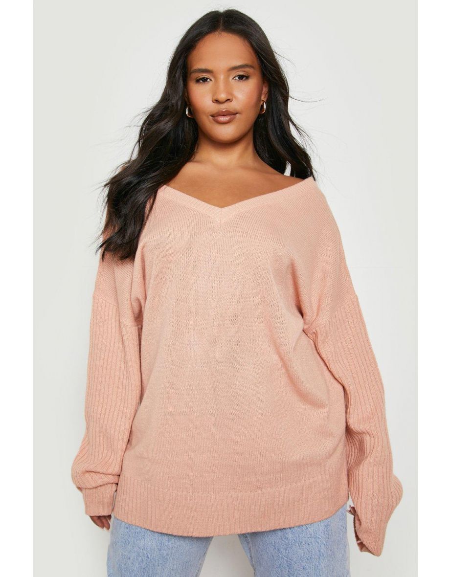 Plus Jumper With V Neck Detail Front And Back - blush - 3