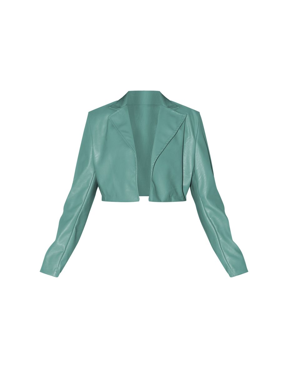 Sage Khaki Faux Leather Minimal Crop Blazer - 4