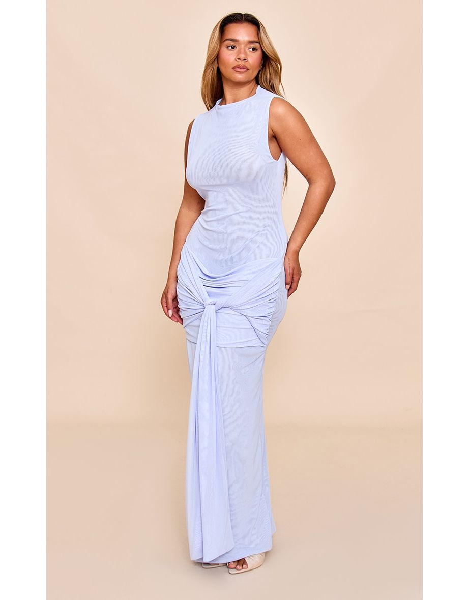 Shape Sky Blue Mesh High Neck Wrap Drape Maxi Dress