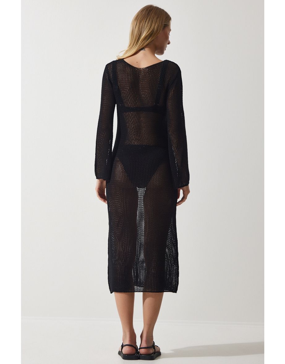 Women's Black Openwork Transparent Long Knitwear Dress - 5