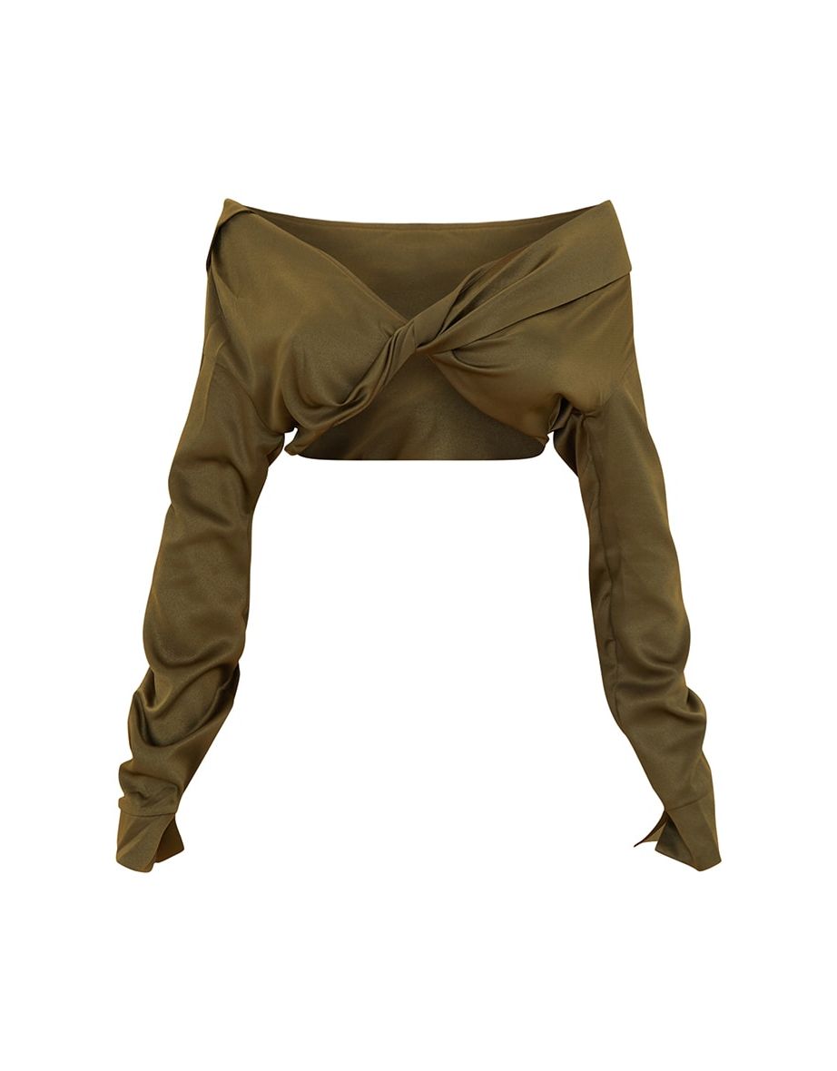 Khaki Satin Bardot Twist Front Crop Blouse - 4