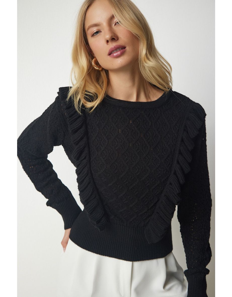 Women's Black Openwork Frill Detailed Knitwear Sweater
