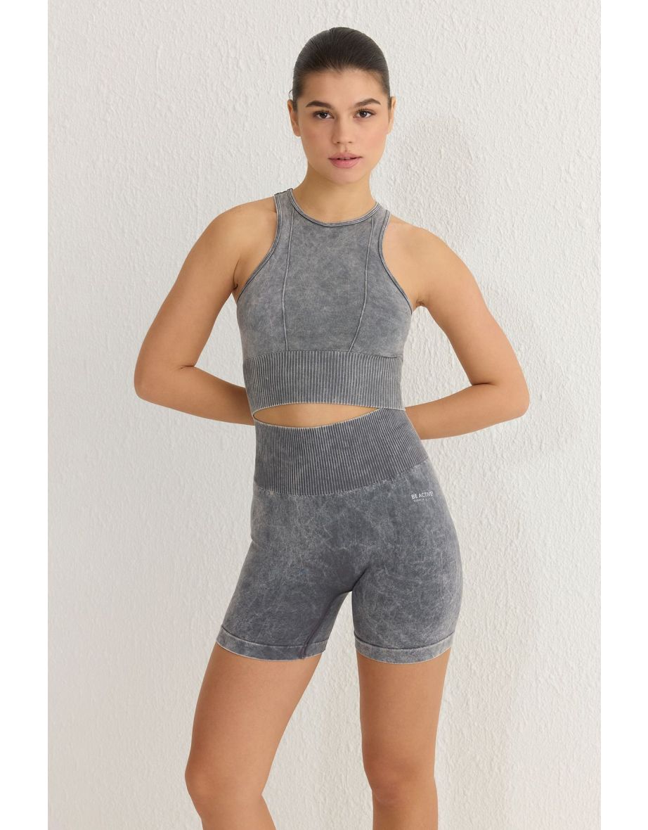 Anthracite Seamless Crop Washed Halter Neck Knitted Sports Top/Blouse