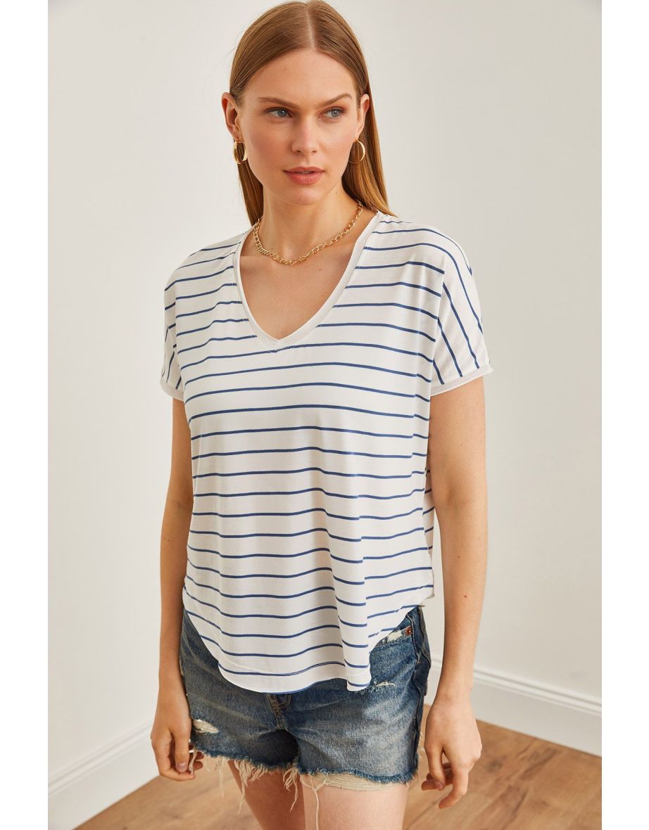 Women's Indigo V-Neck Striped Filthy Stitching Casual T-Shirt