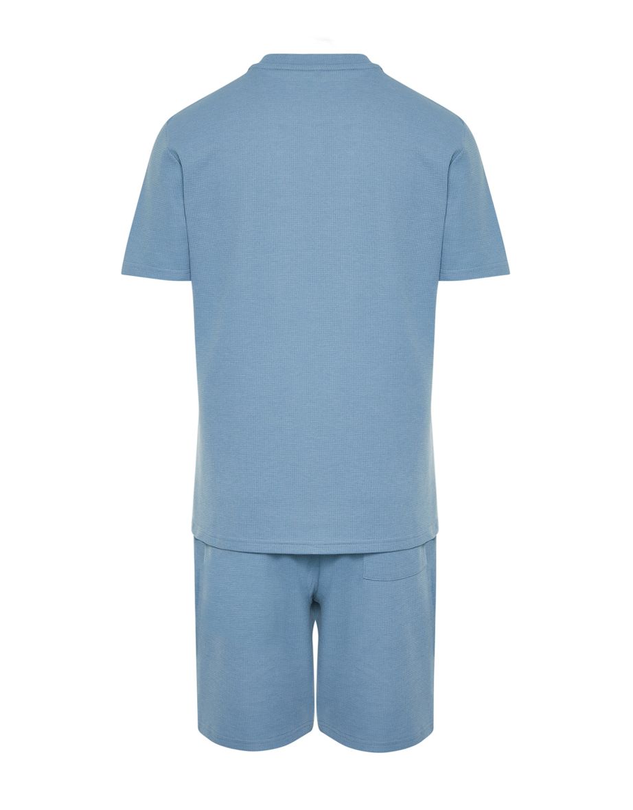 Men's Blue Regular Fit Waffle Pajamas Set - 7