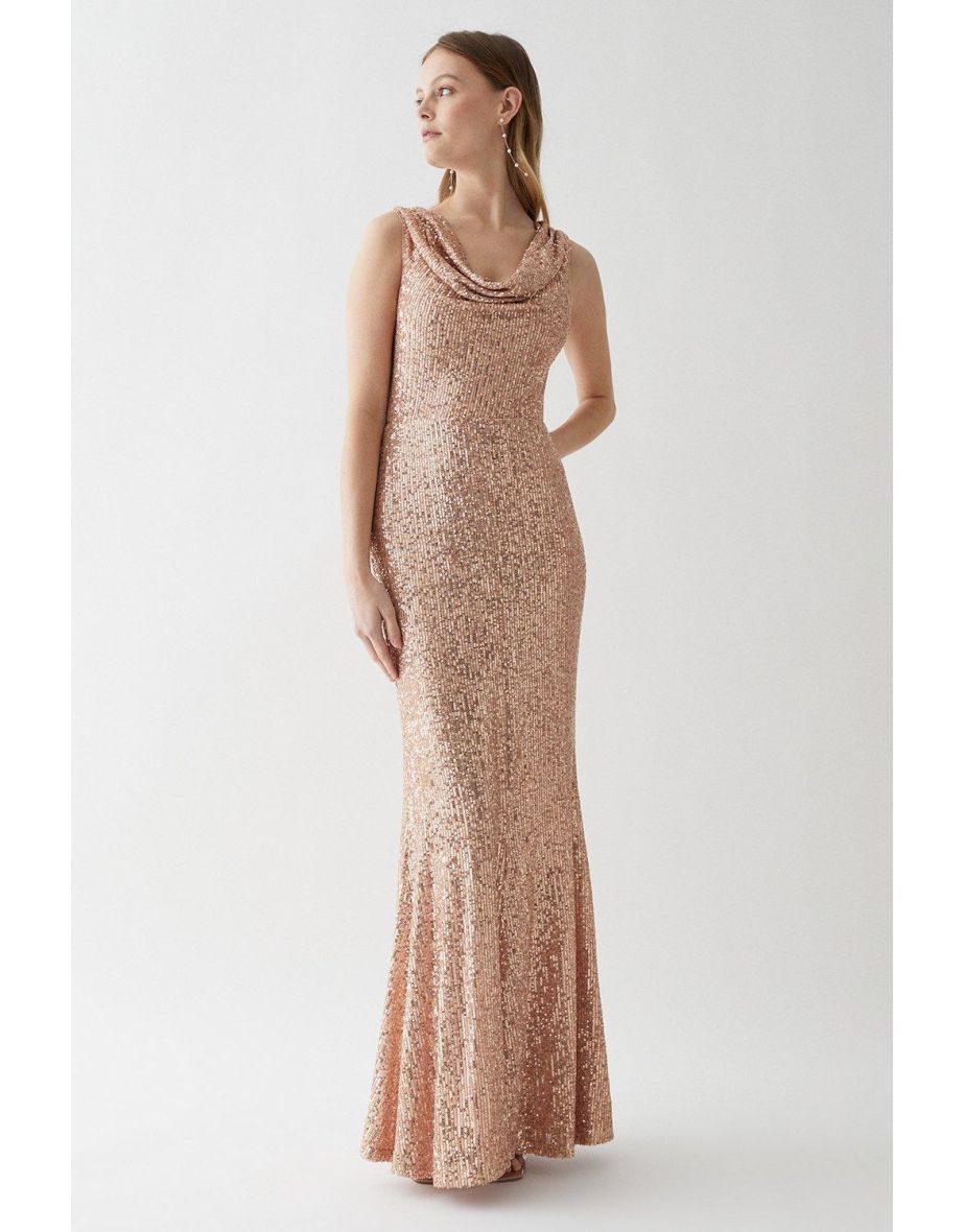 Drape Cowl Neck Sequin Bridesmaid Maxi Dress