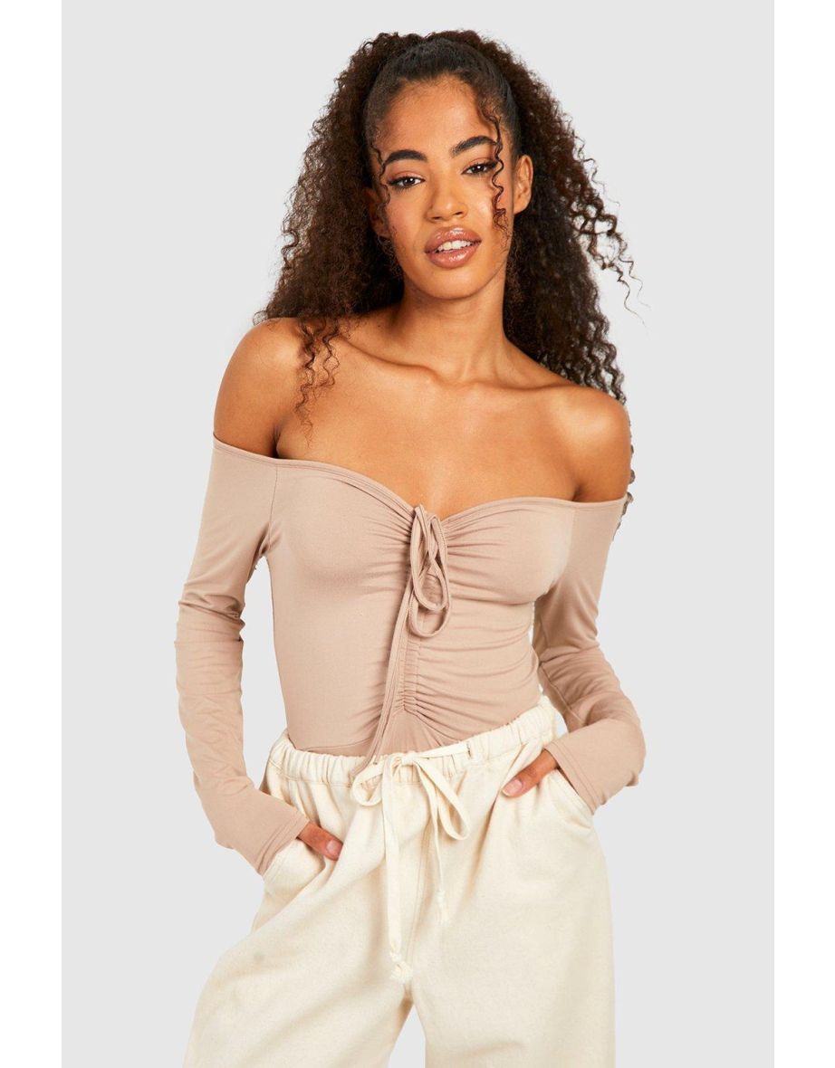 V Neck Long Sleeve Bardot Bodysuit - camel