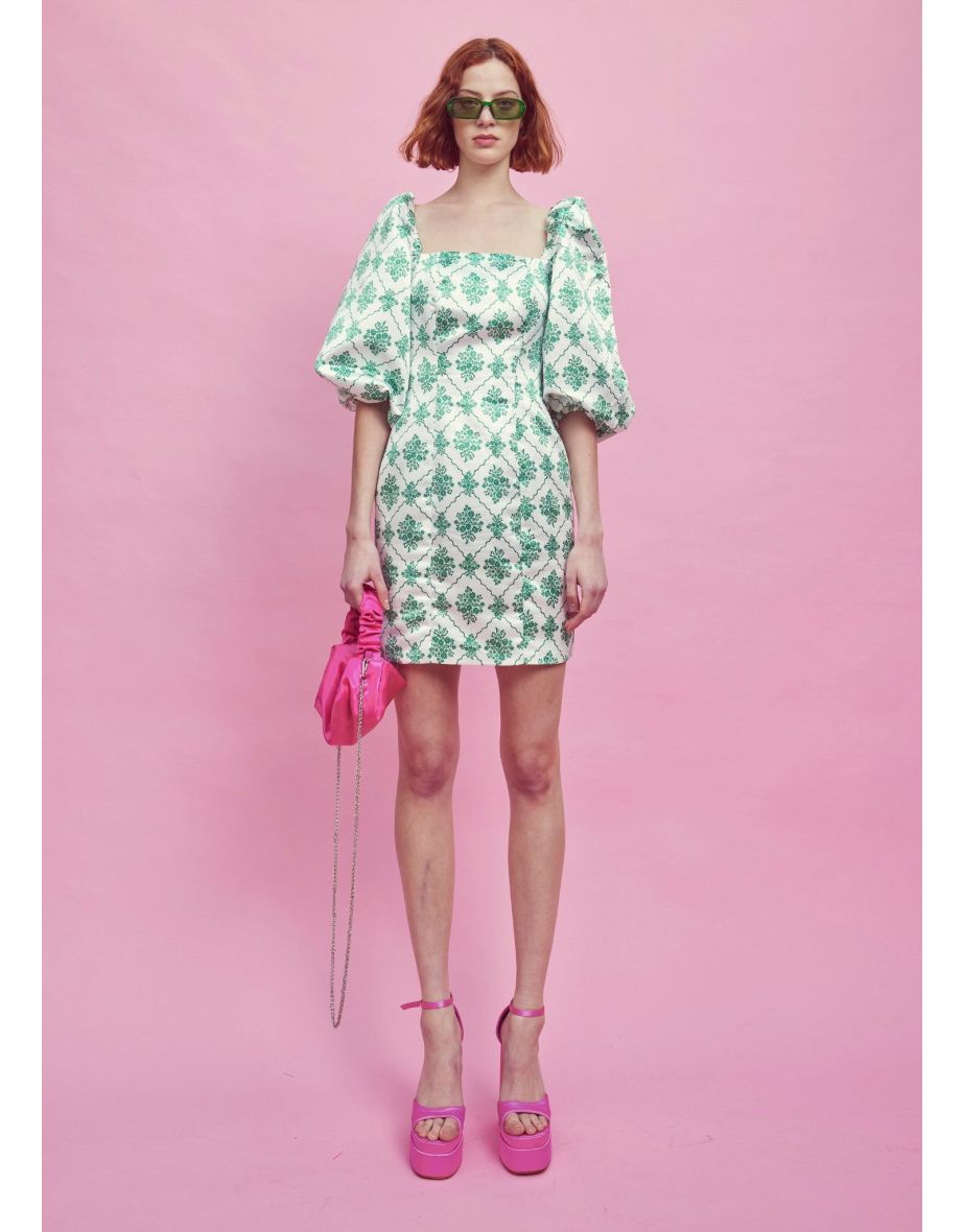 Blair Puff Sleeve Mini-Dress - White-Green