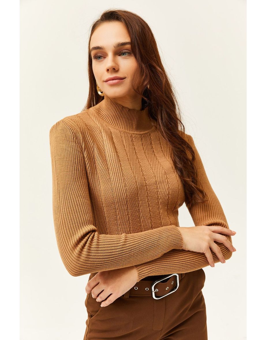 Women's Camel Half Turtleneck Zigzag Textured Soft Knitwear Sweater - 3