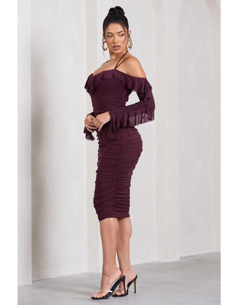 Quinn | Dark Cherry Ruched Strappy Long-Sleeved Midi Dress With Ruffles - 4