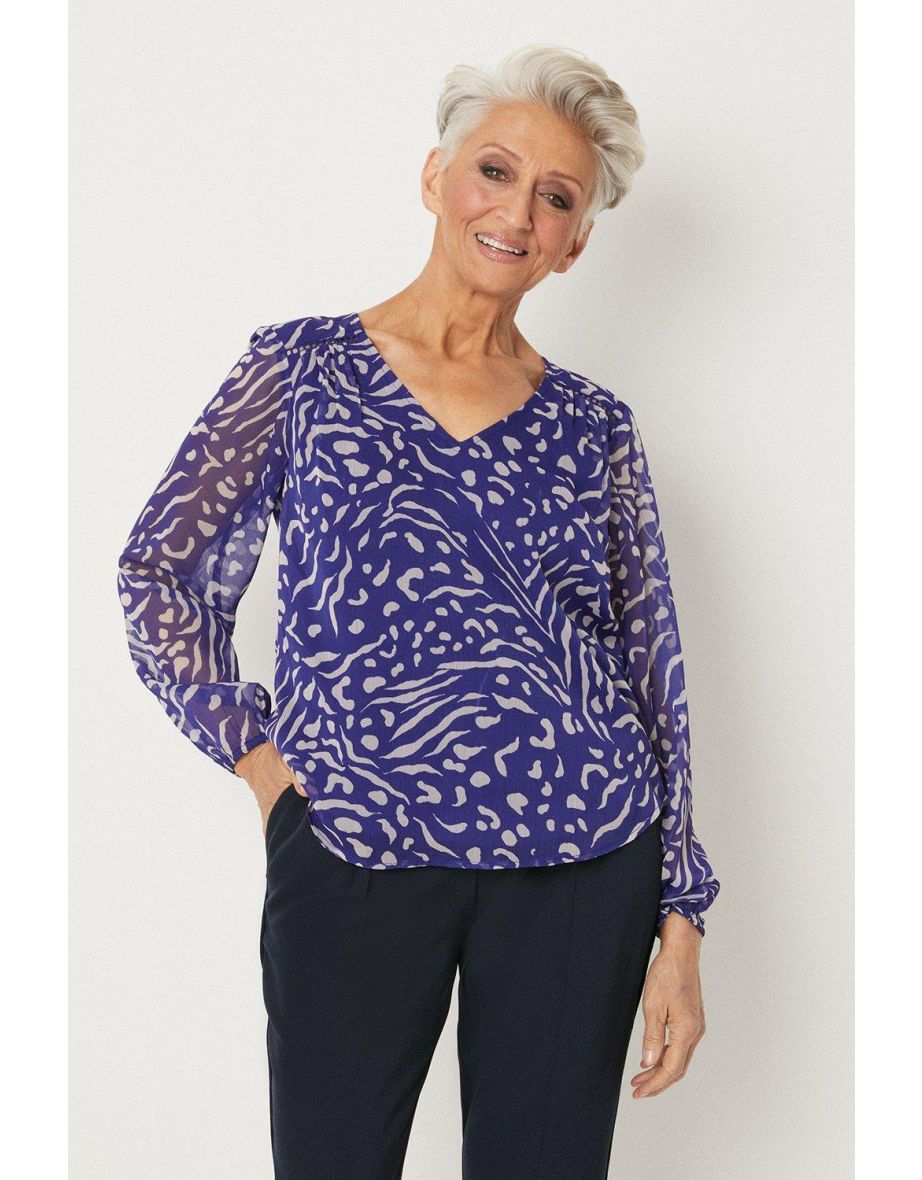 Petite Blue Animal Print Chiffon Blouse