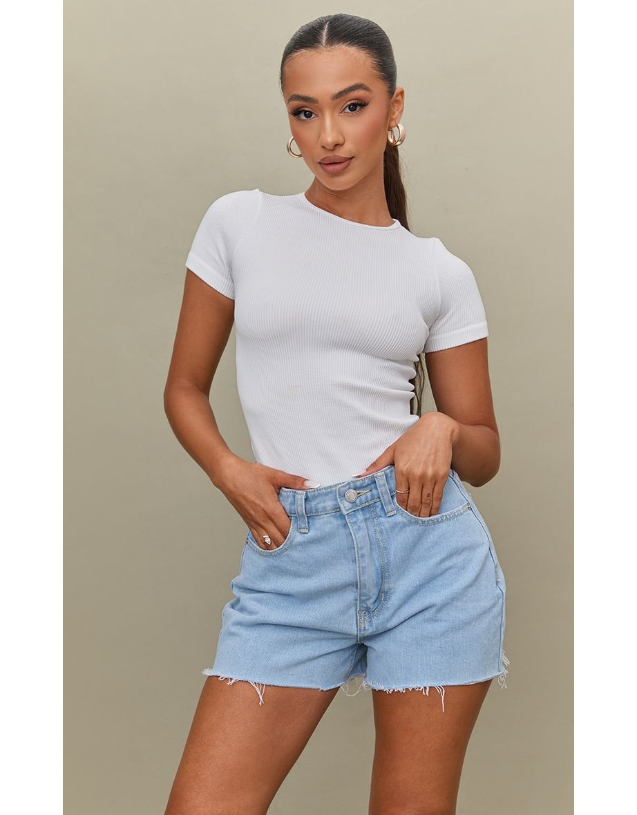 Petite Light Blue Frayed Hem Denim Shorts