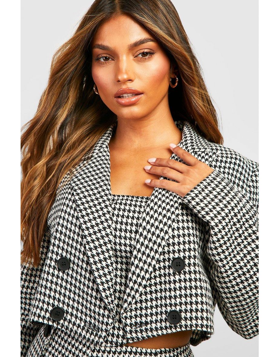 Mini Dogtooth Contrast Button Cropped Blazer - black